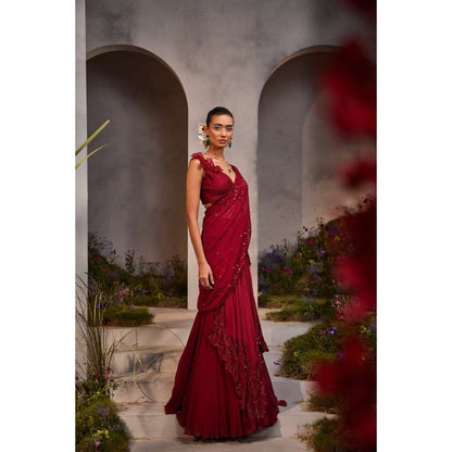 CHARU AND VASUNDHARA Leilani Maroon Embroidered Pre-Draped Saree with Stitched Blouse & Palla