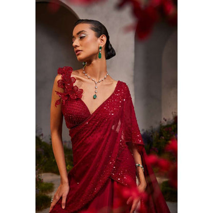 CHARU AND VASUNDHARA Leilani Maroon Embroidered Pre-Draped Saree with Stitched Blouse & Palla