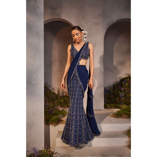 CHARU AND VASUNDHARA Lena Electric Embroidered Pre-Draped Saree with Stitched Blouse & Palla