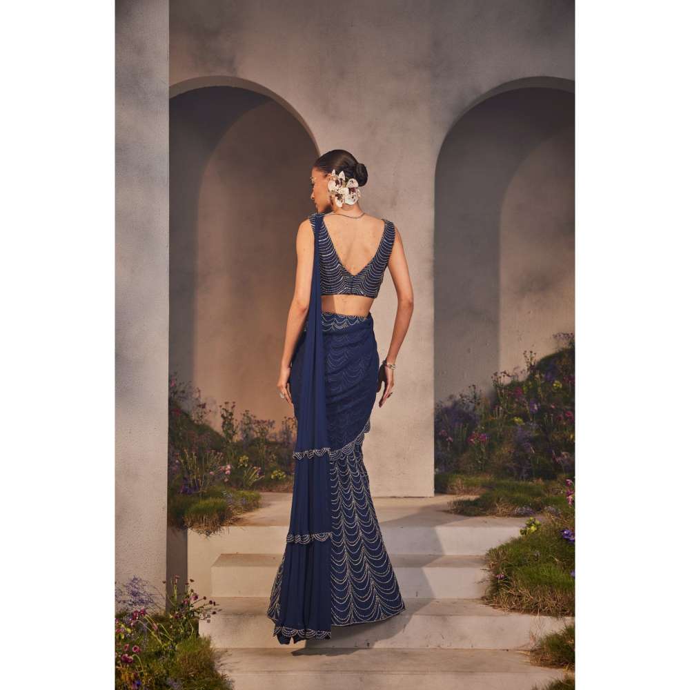 CHARU AND VASUNDHARA Lena Electric Embroidered Pre-Draped Saree with Stitched Blouse & Palla