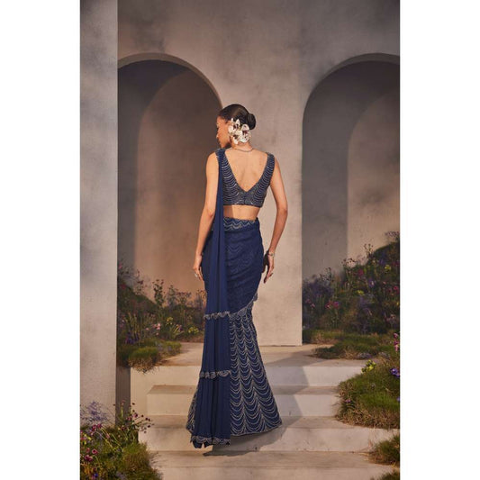 CHARU AND VASUNDHARA Lena Electric Embroidered Pre-Draped Saree with Stitched Blouse & Palla