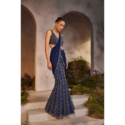 CHARU AND VASUNDHARA Lena Electric Embroidered Pre-Draped Saree with Stitched Blouse & Palla