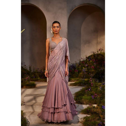 CHARU AND VASUNDHARA Lilith Lavender Embellished Lehenga Saree with Stitched Blouse & Palla