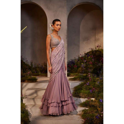 CHARU AND VASUNDHARA Lilith Lavender Embellished Lehenga Saree with Stitched Blouse & Palla