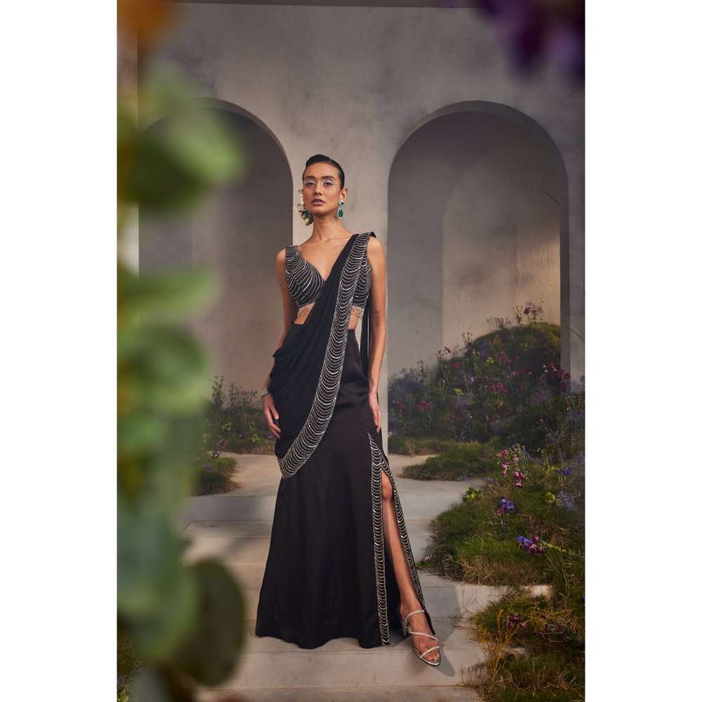 CHARU AND VASUNDHARA Lorelei Black Embroidered Pre-Draped Saree with Stitched Blouse & Palla