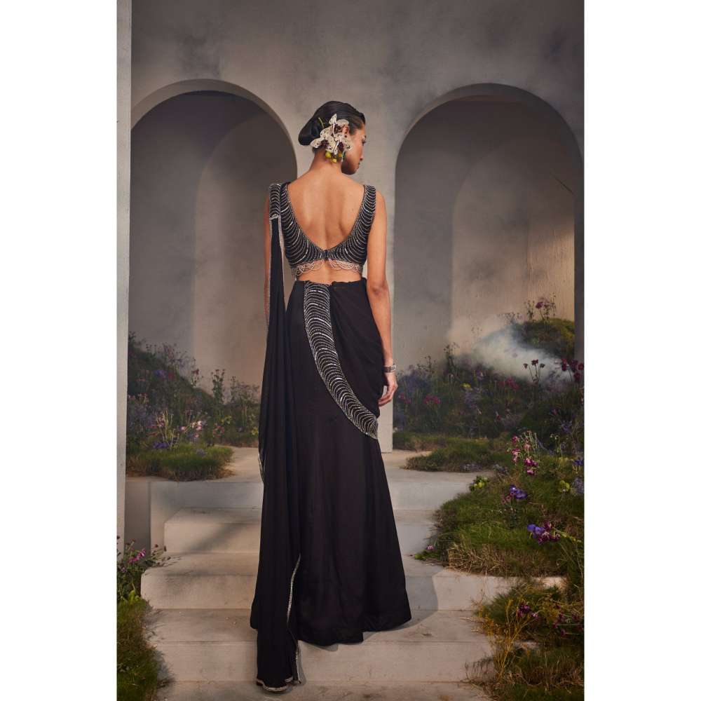 CHARU AND VASUNDHARA Lorelei Black Embroidered Pre-Draped Saree with Stitched Blouse & Palla
