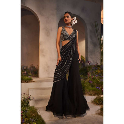 CHARU AND VASUNDHARA Lorelei Black Stitched Blouse with Pre-Draped Pant Saree & Palla
