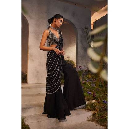 CHARU AND VASUNDHARA Lorelei Black Stitched Blouse with Pre-Draped Pant Saree & Palla