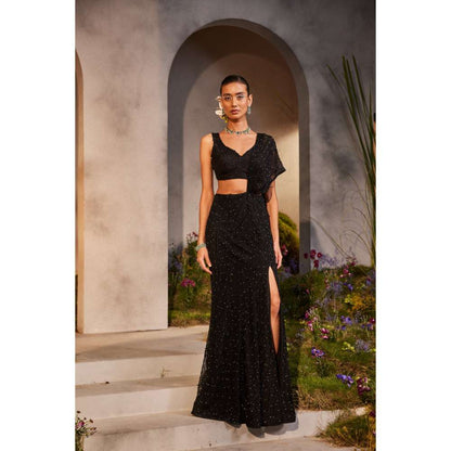 CHARU AND VASUNDHARA Lainey Black Embellished Saree with Attached Palla & Stitched Blouse