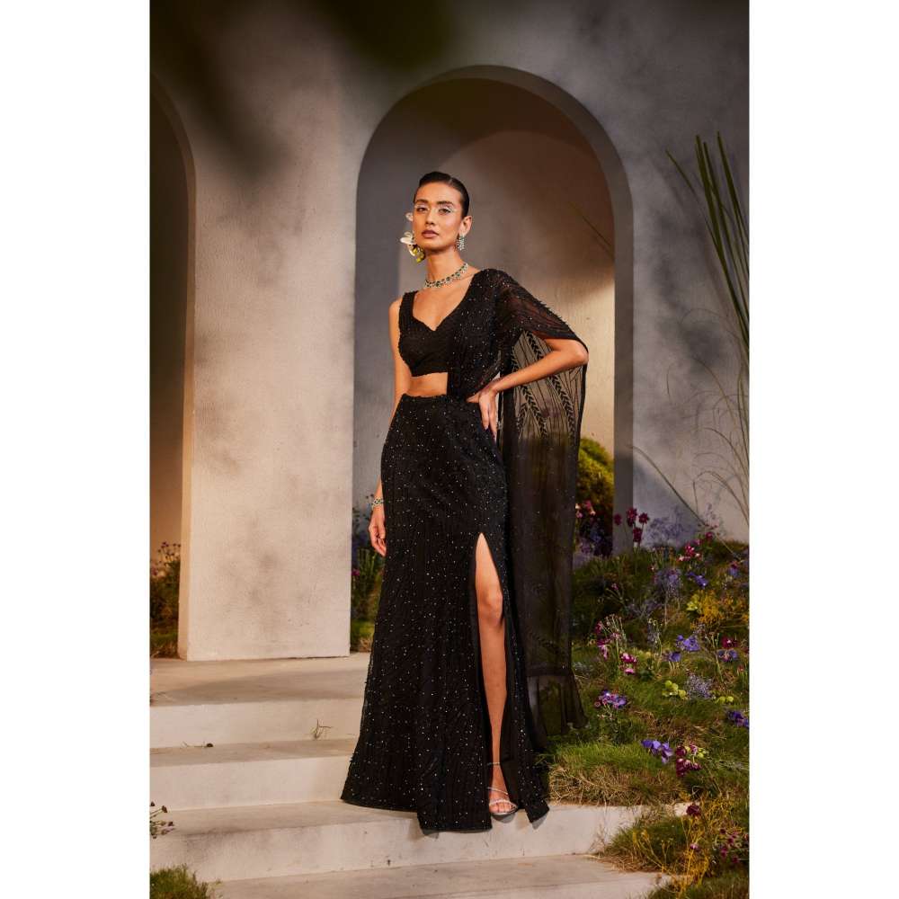 CHARU AND VASUNDHARA Lainey Black Embellished Saree with Attached Palla & Stitched Blouse