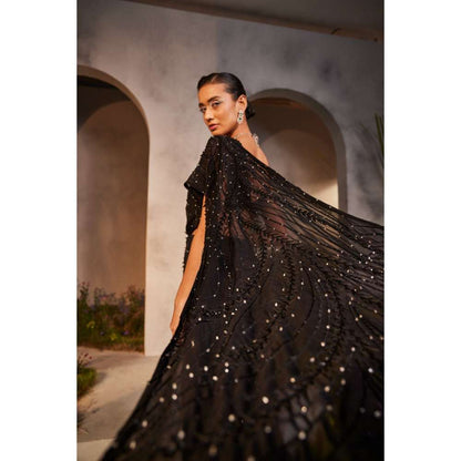 CHARU AND VASUNDHARA Lainey Black Embellished Saree with Attached Palla & Stitched Blouse