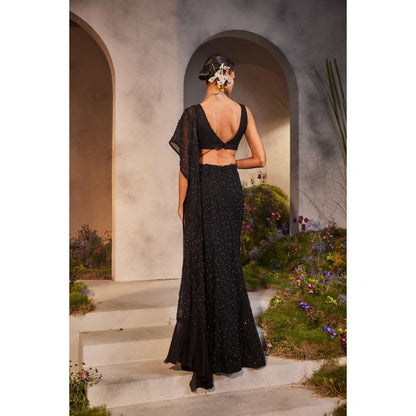 CHARU AND VASUNDHARA Lainey Black Embellished Saree with Attached Palla & Stitched Blouse