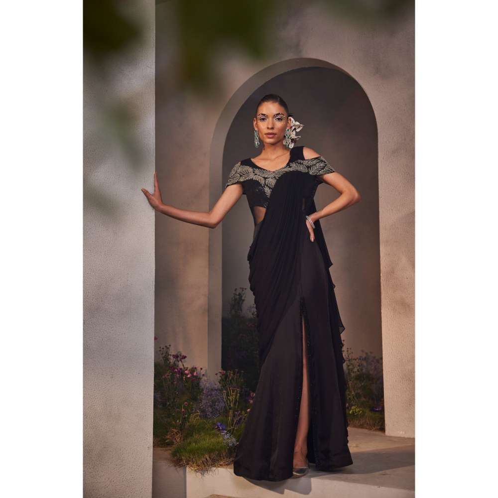 CHARU AND VASUNDHARA Lexie Black Embellished Saree Gown