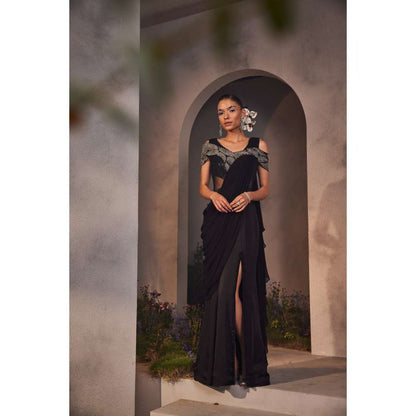 CHARU AND VASUNDHARA Lexie Black Embellished Saree Gown