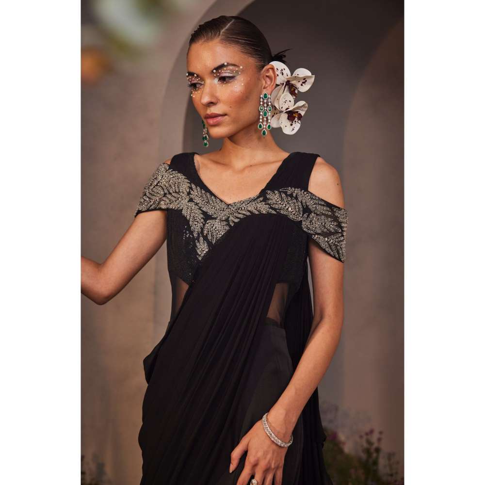 CHARU AND VASUNDHARA Lexie Black Embellished Saree Gown