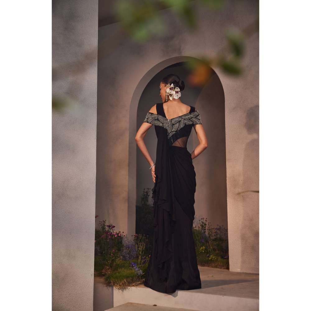 CHARU AND VASUNDHARA Lexie Black Embellished Saree Gown