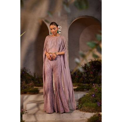CHARU AND VASUNDHARA Liana Lavender Pant with Bustier & Poncho (Set of 3)