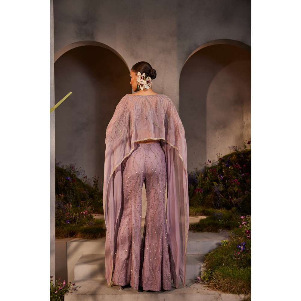 CHARU AND VASUNDHARA Liana Lavender Pant with Bustier & Poncho (Set of 3)