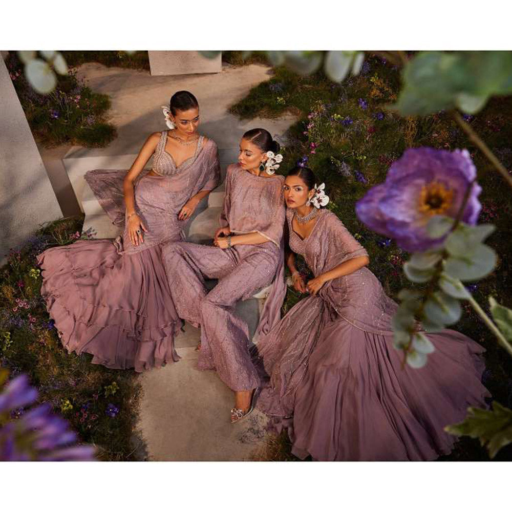 CHARU AND VASUNDHARA Liana Lavender Pant with Bustier & Poncho (Set of 3)