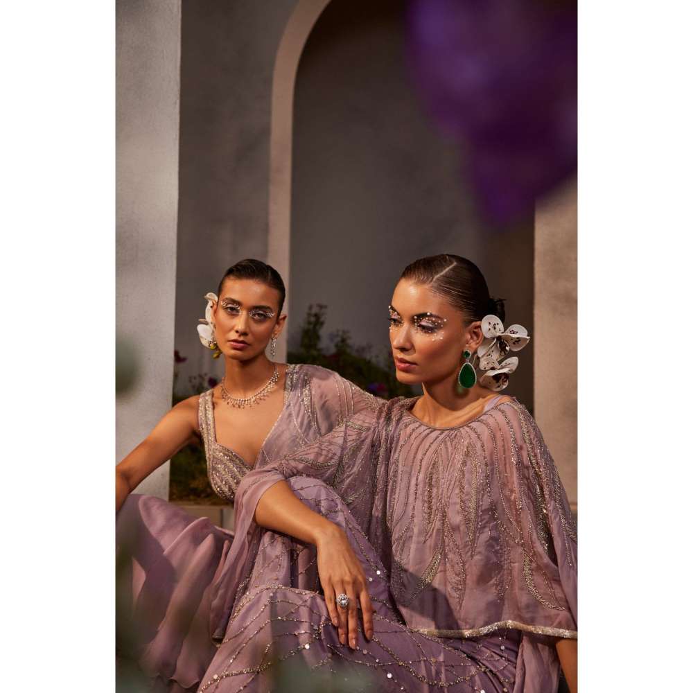 CHARU AND VASUNDHARA Liana Lavender Pant with Bustier & Poncho (Set of 3)