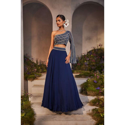 CHARU AND VASUNDHARA Leila Electric Navy Blue Ethnic Skirt & Blouse (Set of 2)