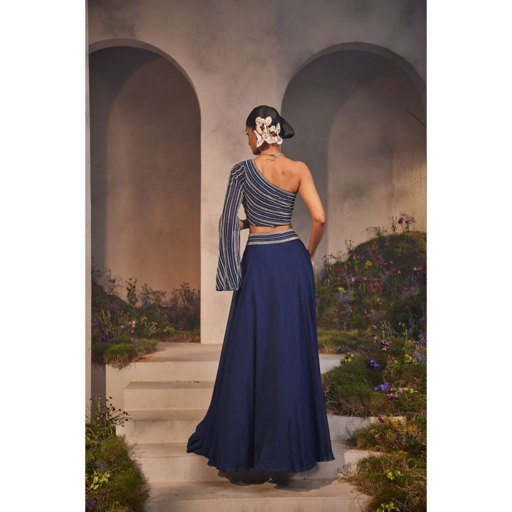 CHARU AND VASUNDHARA Leila Electric Navy Blue Ethnic Skirt & Blouse (Set of 2)