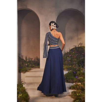 CHARU AND VASUNDHARA Leila Electric Navy Blue Ethnic Skirt & Blouse (Set of 2)