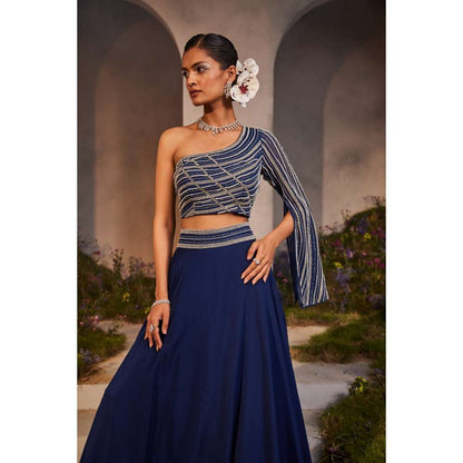 CHARU AND VASUNDHARA Leila Electric Navy Blue Ethnic Skirt & Blouse (Set of 2)