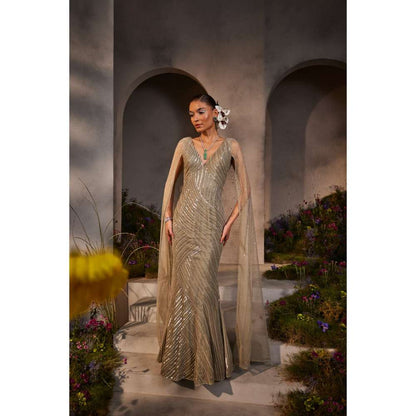 CHARU AND VASUNDHARA Lucy Silver Grey Gown with Attached Cape