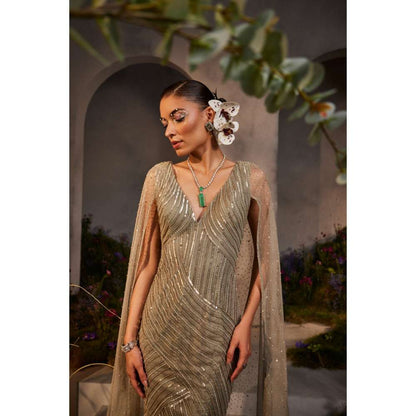 CHARU AND VASUNDHARA Lucy Silver Grey Gown with Attached Cape