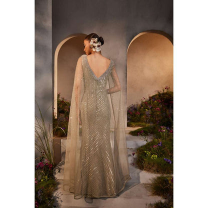 CHARU AND VASUNDHARA Lucy Silver Grey Gown with Attached Cape