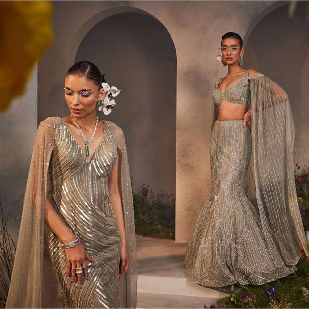 CHARU AND VASUNDHARA Lucy Silver Grey Gown with Attached Cape