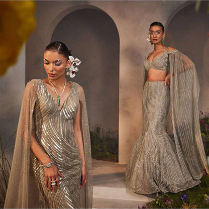 CHARU AND VASUNDHARA Lucy Silver Grey Gown with Attached Cape