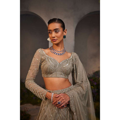 CHARU AND VASUNDHARA Lilian Silver Grey Classic Lehenga with Blouse & Dupatta (Set of 3)