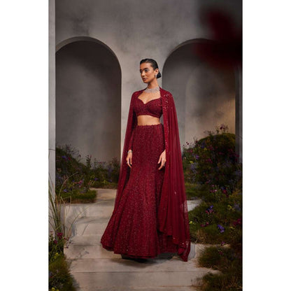 CHARU AND VASUNDHARA Lucia Maroon Classic Lehenga with Blouse & Dupatta (Set of 3)