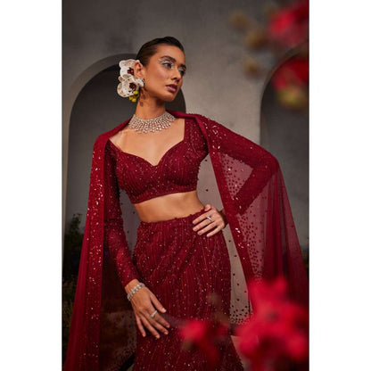 CHARU AND VASUNDHARA Lucia Maroon Classic Lehenga with Blouse & Dupatta (Set of 3)