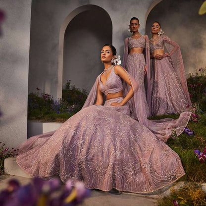 CHARU AND VASUNDHARA Lisa Lavender Classic Lehenga & Blouse with Attached Cape (Set of 2)