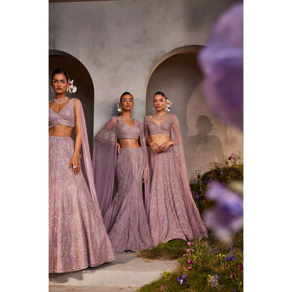 CHARU AND VASUNDHARA Lisa Lavender Classic Lehenga & Blouse with Attached Cape (Set of 2)
