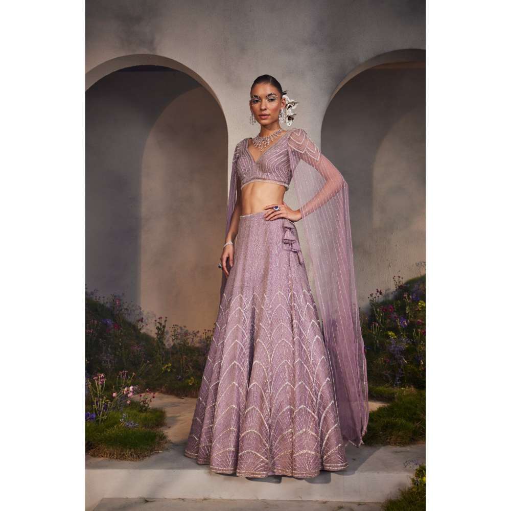 CHARU AND VASUNDHARA Lisa Lavender Classic Lehenga & Blouse with Attached Cape (Set of 2)