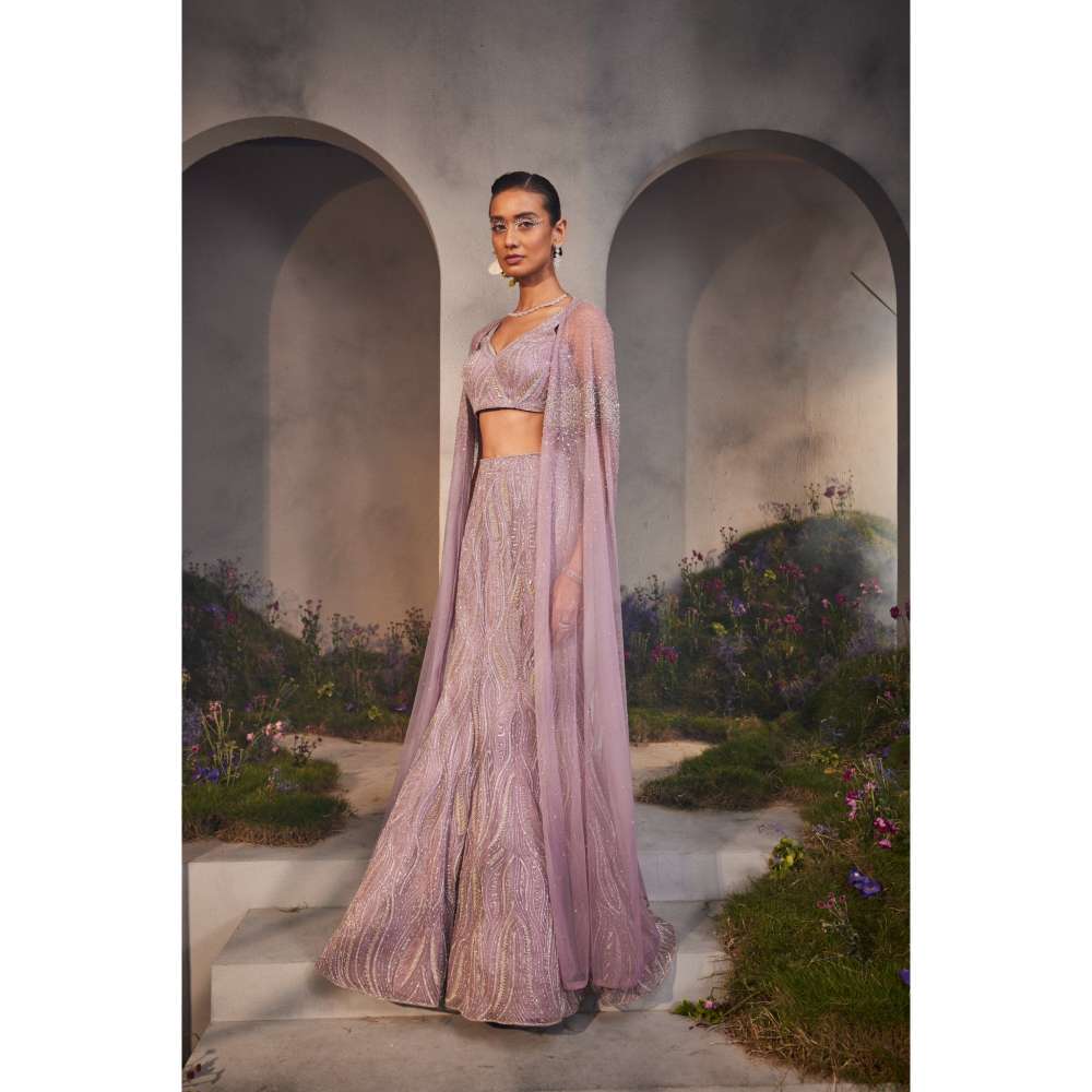 CHARU AND VASUNDHARA Lesly Lavender Classic Lehenga & Blouse with Attached Cape (Set of 2)