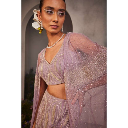 CHARU AND VASUNDHARA Lesly Lavender Classic Lehenga & Blouse with Attached Cape (Set of 2)