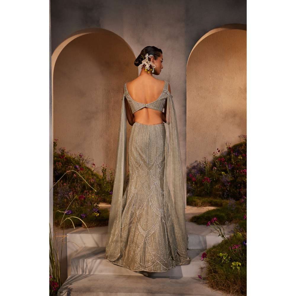 CHARU AND VASUNDHARA Leah Silver Grey Classic Lehenga & Blouse with Attached Cape (Set of 2)