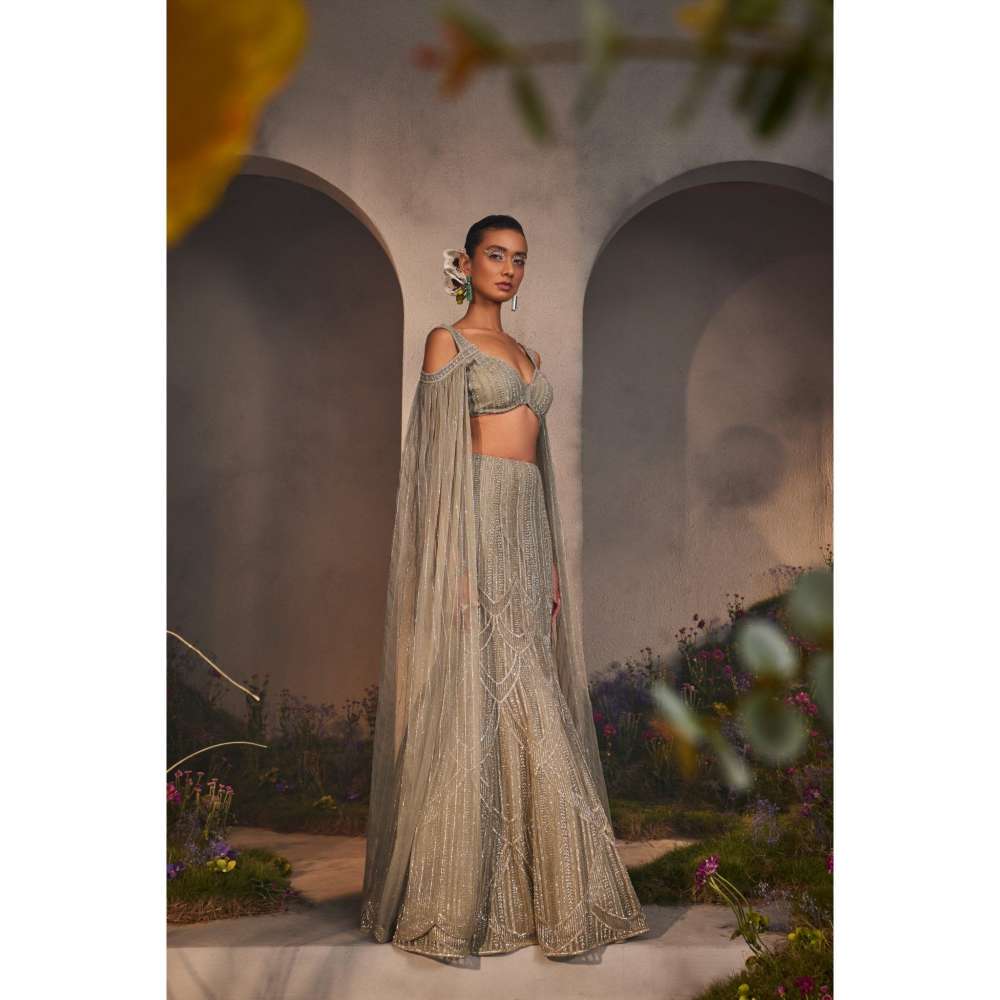 CHARU AND VASUNDHARA Leah Silver Grey Classic Lehenga & Blouse with Attached Cape (Set of 2)