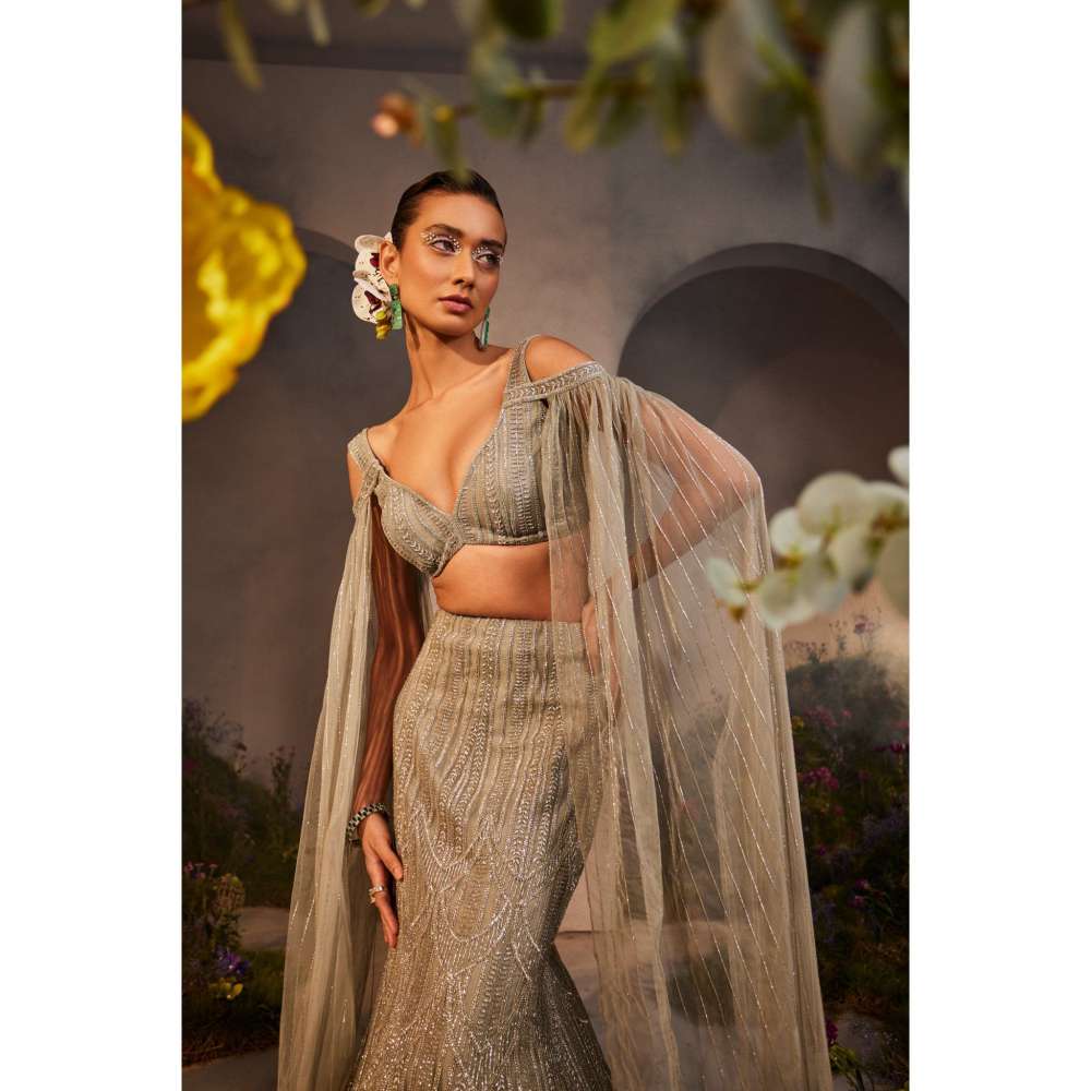 CHARU AND VASUNDHARA Leah Silver Grey Classic Lehenga & Blouse with Attached Cape (Set of 2)