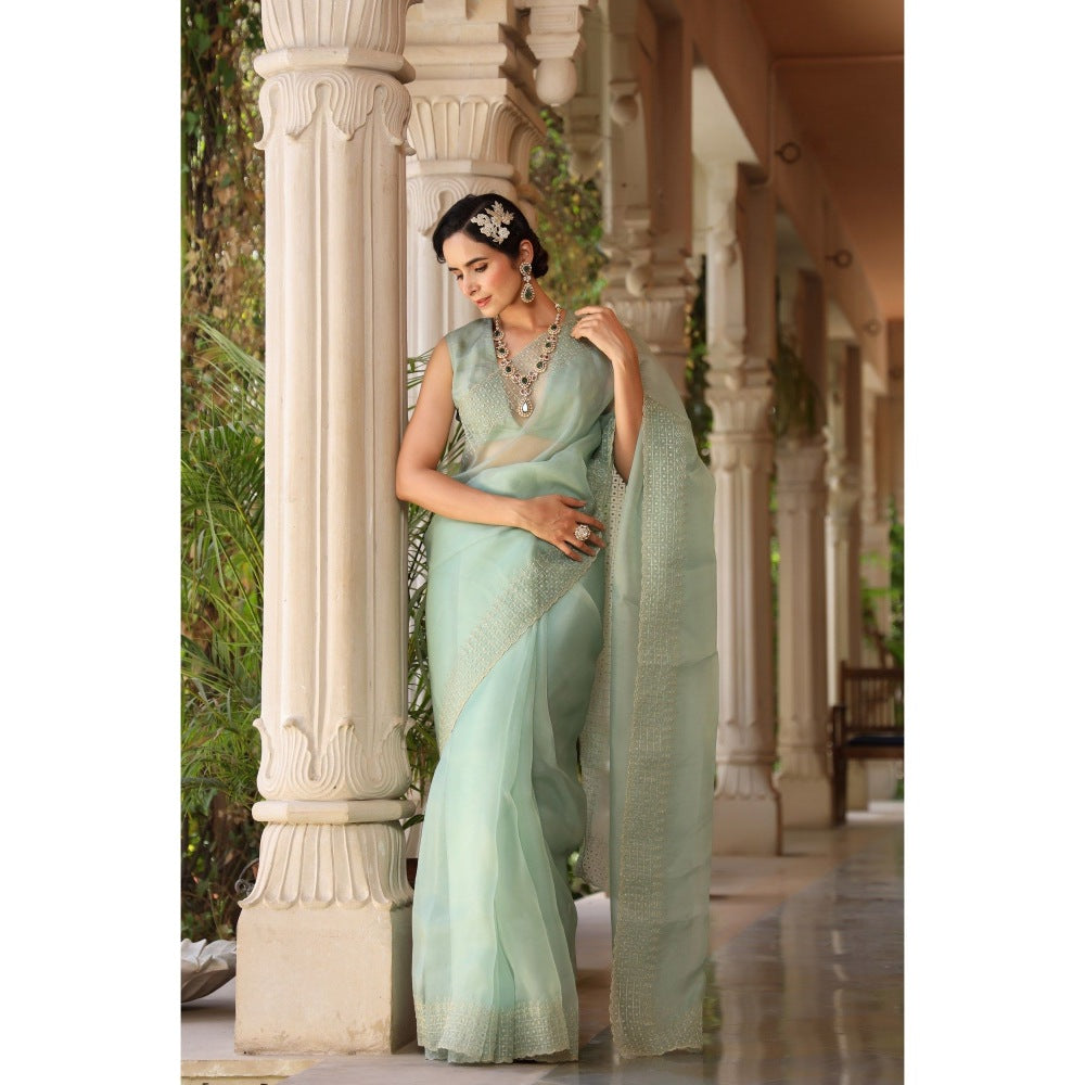 CHARU MAKKAR Green Saree with Unstitched Blouse