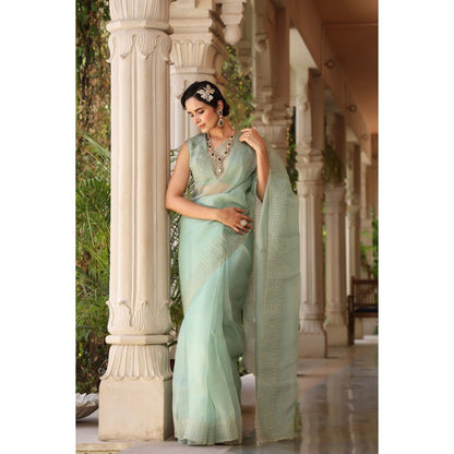 CHARU MAKKAR Green Saree with Unstitched Blouse