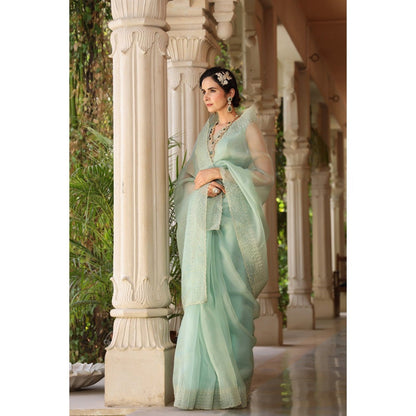 CHARU MAKKAR Green Saree with Unstitched Blouse