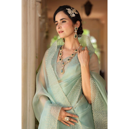 CHARU MAKKAR Green Saree with Unstitched Blouse