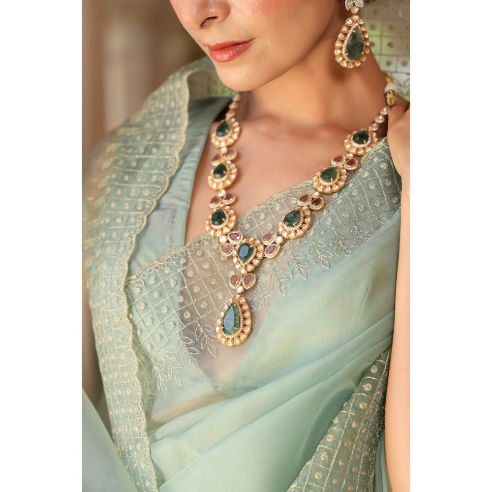 CHARU MAKKAR Green Saree with Unstitched Blouse