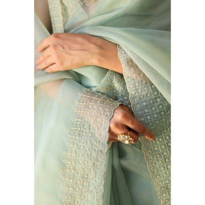 CHARU MAKKAR Green Saree with Unstitched Blouse